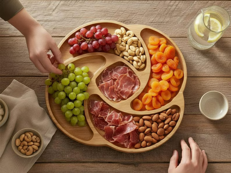Platou charcuterie din bambus cu compartimente, cu struguri, nuci, caju și prosciutto